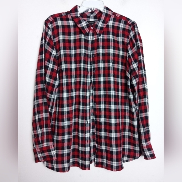 Talbots Black, White & Red Plaid Metallic Cotton Button Down Blouse size Large - Picture 1 of 10